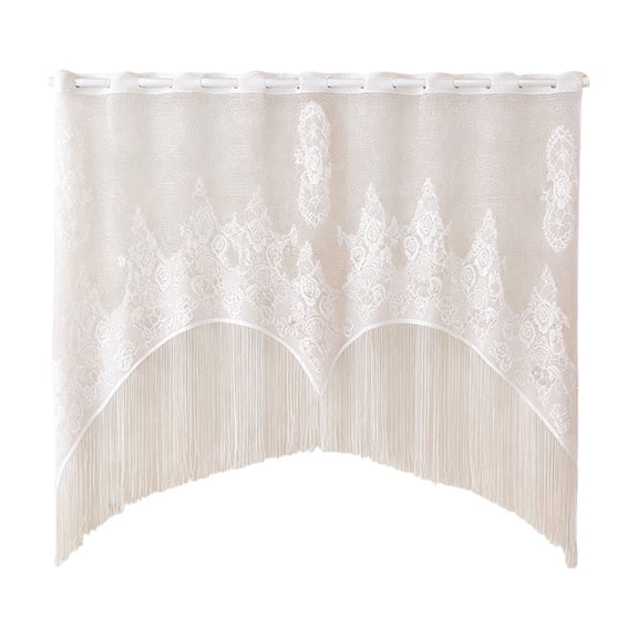 Taicans White Lace Sheer Tassel Curtain,Elegant Boho Fringe Valance 59x47in Light Filtering Semi-Sheer Floral Short Window Curtain for Kitchen Bathroom Bedroom Farmhouse Decor
