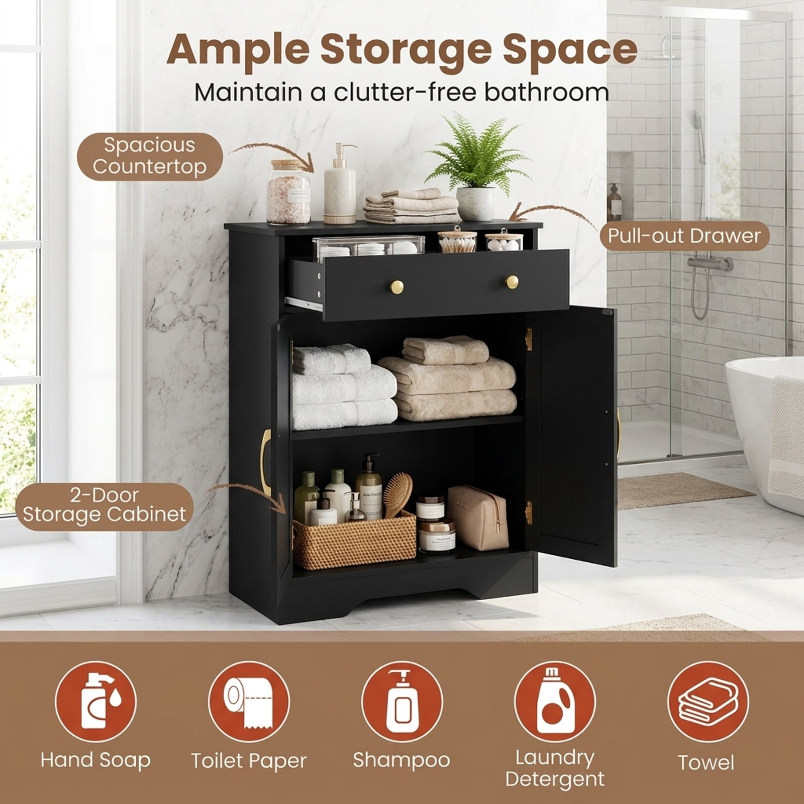 Vebreda Freestanding Floor Storage Cabinet with 2 Doors, Drawer & Adjustable Shelf, Modern Buffet Sideboard Organizer with Gold Knobs for Bathroom Living Room Dining Room, Black