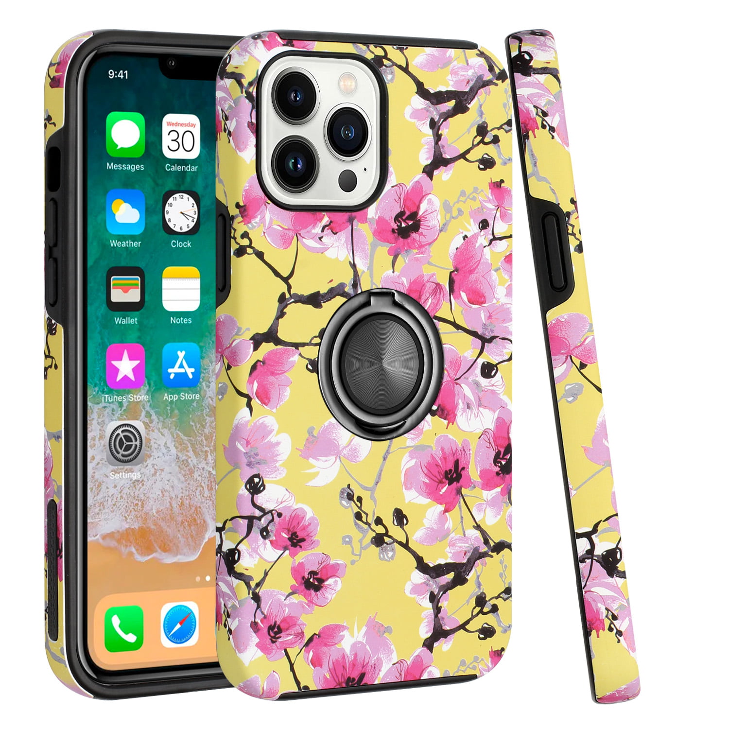 Uucovers iPhone 14 Pro Max Case with Slide Camera Lens Cover, Card Slot Drop Protection Shockproof Anti-Scratch Magnetic Ring Armor Bracket Phone Case
