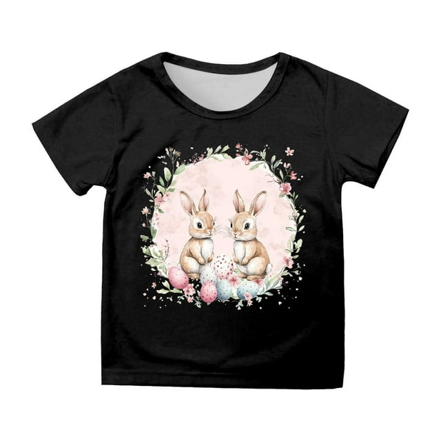 NINGMENG Hauts et T-Shirts pour Filles, Lapin de Pâques, Col Rond, Manches Courtes, Décontracté, Noir, 10-11 Ans