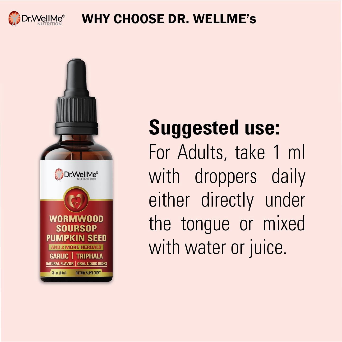 Dr.WellMe Wormwood Soursop Liquid Drops (2 fl oz, 60 ml) | Pumpkin Seeds, Black Walnut | Garlic, Triphala, Turmeric | Immune Boost, Digestive Health & Detox Support
