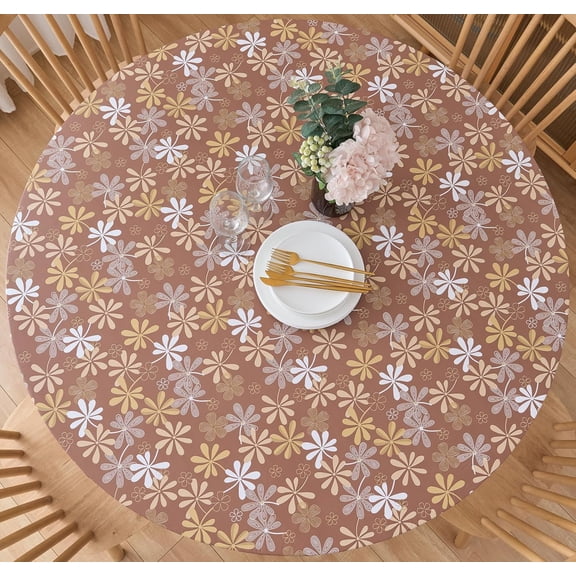 Round Elastic Edged Vinyl Tablecloth with Flannel Backing – Waterproof Oil-Proof PVC Fitted Table Cloth Plastic Cover (Fits Tables up to 40" - 44" Diameter)