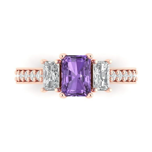 Three-Stone Engagement Ring for Women - 1.88ct Simulated Alexandrite in 14K Rose Gold Promise Ring