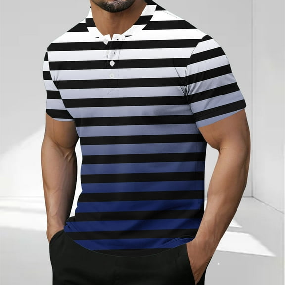 COSFO Men's T-Shirts Henley Short Sleeve Casual Tops Loose Button Pullover Striped Gradient Mens Graphic Tees
