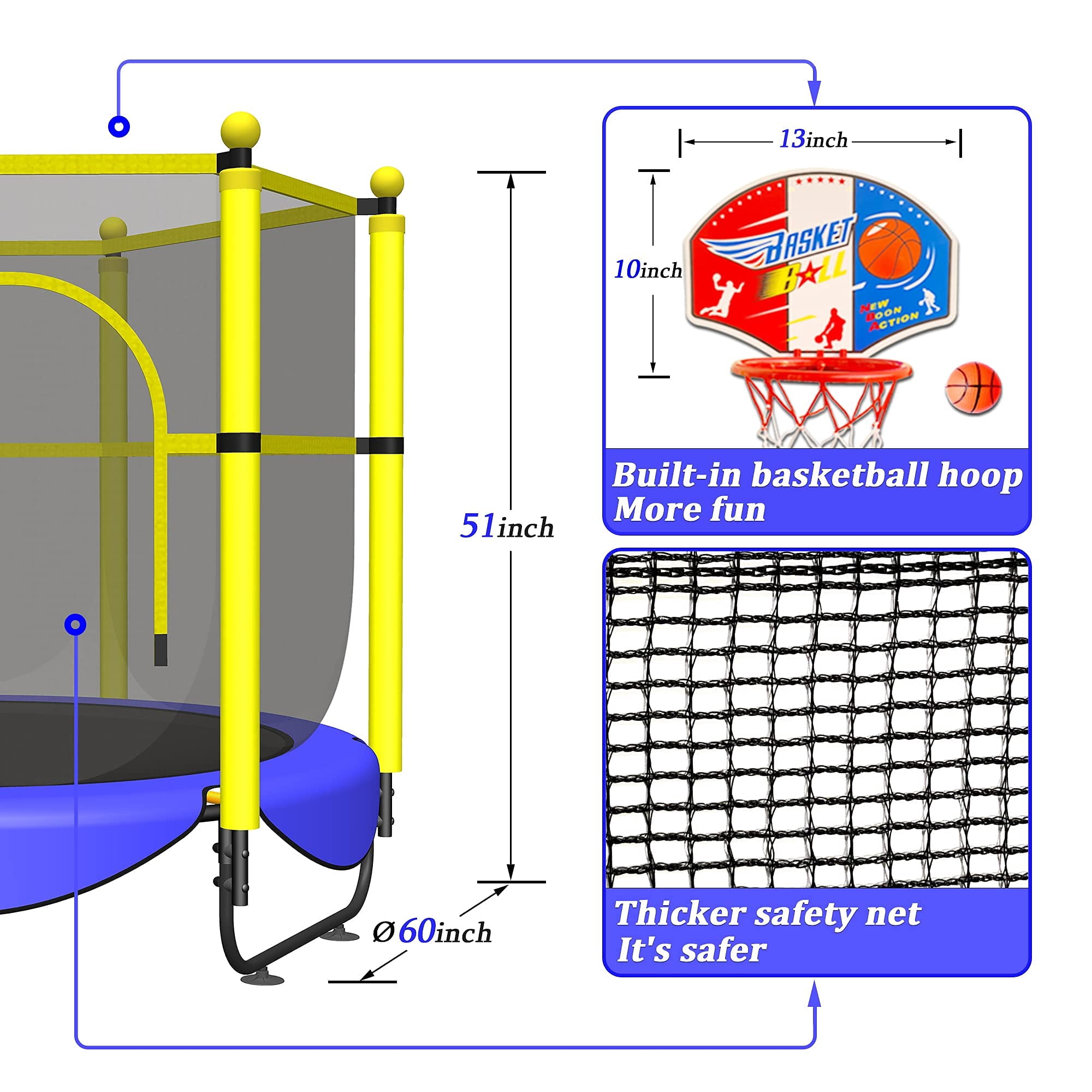 60" Trampoline for Kids, 5 FT Indoor & Outdoor Toddler Baby Trampoline with Basketball Hoop, Safety Enclosure, Birthday Gifts for Kids, Gifts for Boy and Girl, Age 3-8