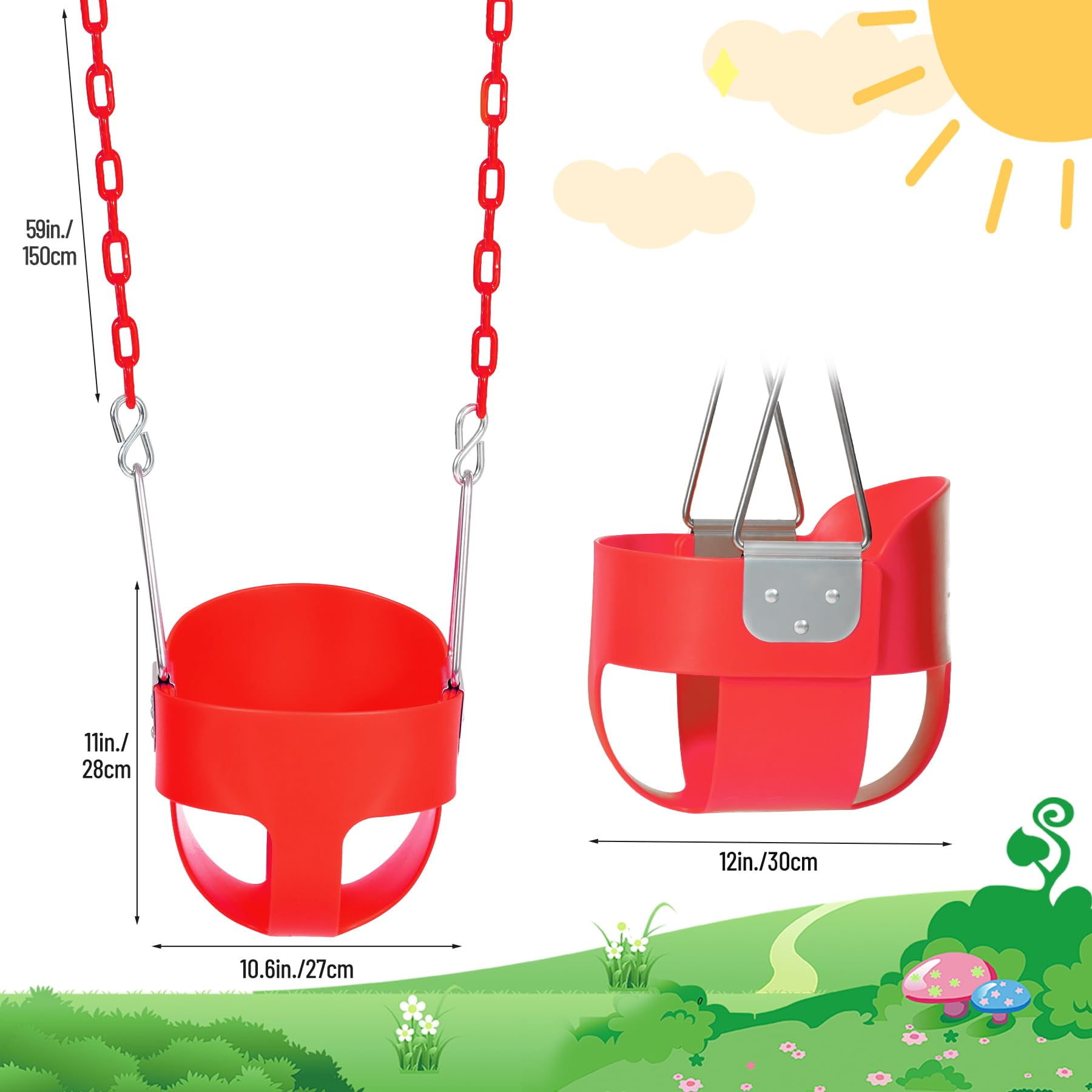 Toddler Swing Seat with Coated Chains, Heavy Duty Kids High Back Bucket Swings with Tree Straps and Hooks for Outdoor, Playground, Backyard, Swing Set Accessories by Domaker, Red