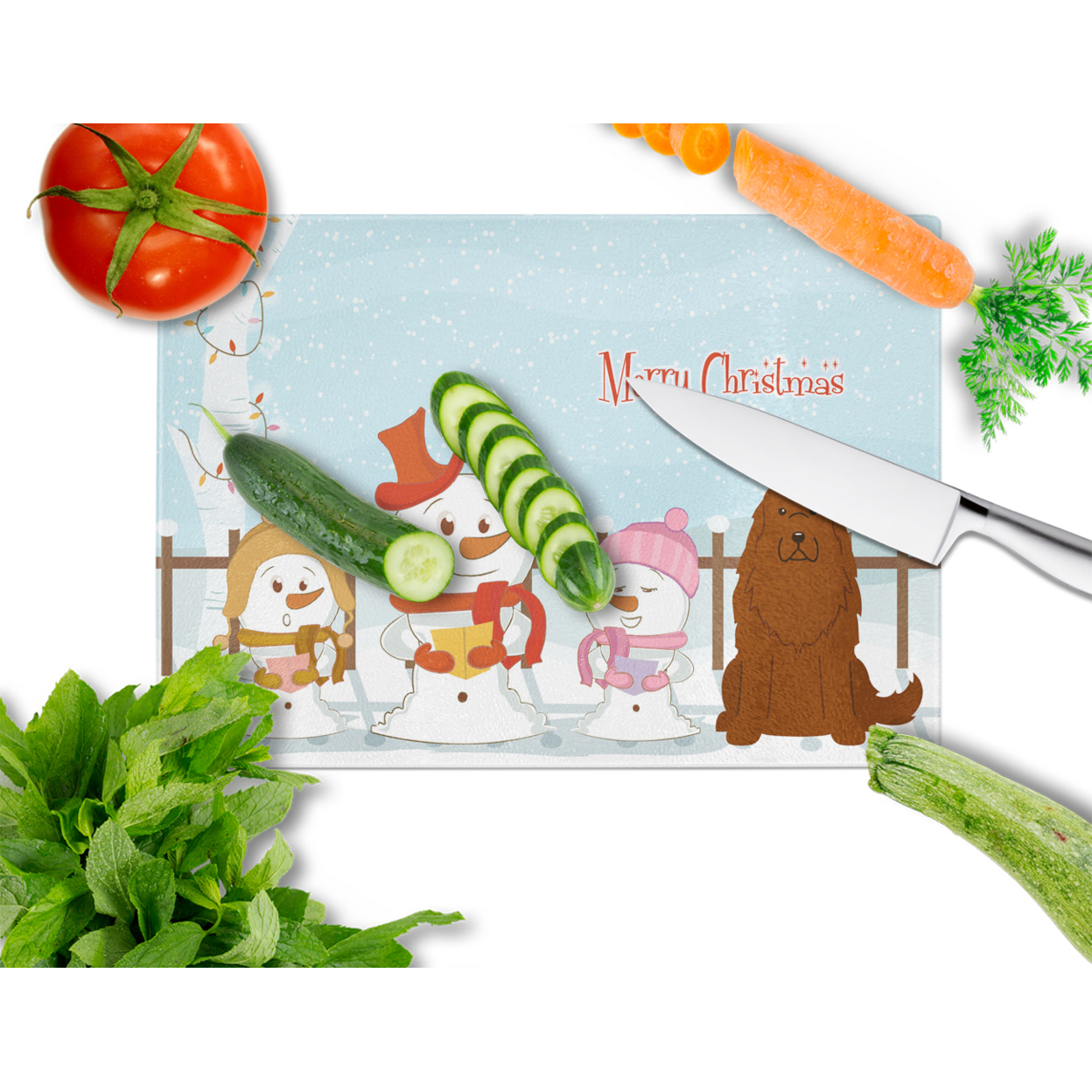 Merry Christmas Carolers Caucasian Shepherd Dog Glass Cutting Board Large