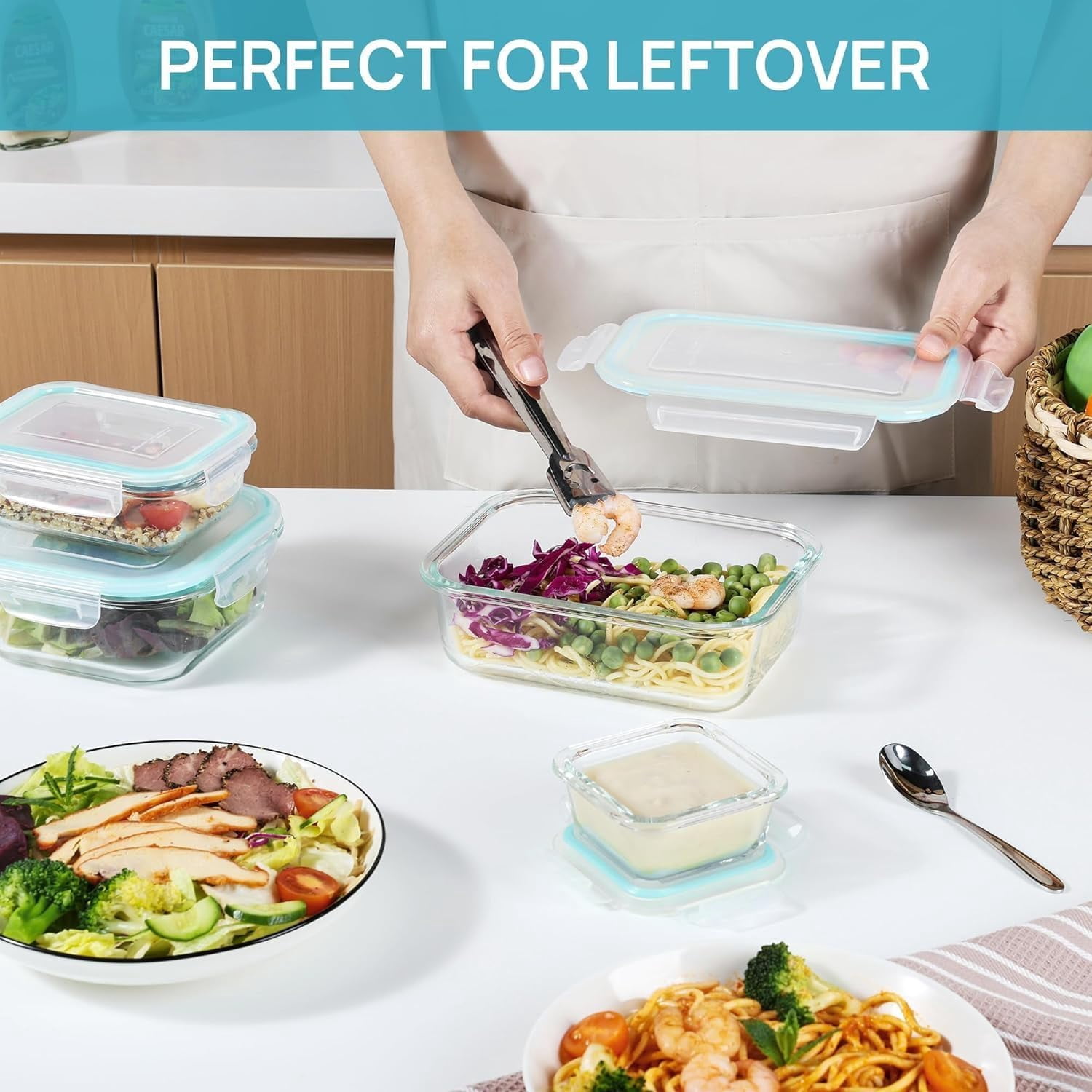 AISOON 8-Pack Borosilicate Glass Food Storage Containers, Leakproof Airtight Lids, BPA-Free Meal Prep Kitchen Storage Set
