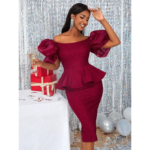 ZHAOCHENG Vestidos de encaje con hombros descubiertos, color burdeos, cintura alta, peplum, elegantes vestidos de fiesta para damas, para invitados a bodas, cumpleaños y noche