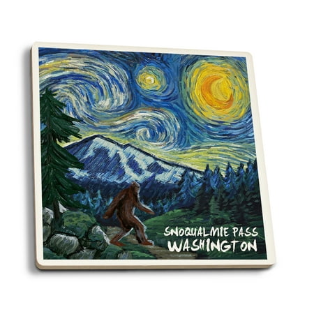 

Snoqualmie Pass Washington Bigfoot Starry Night (Absorbent Ceramic Coasters Set of 4 Matching Images Cork Back Kitchen Table Decor)