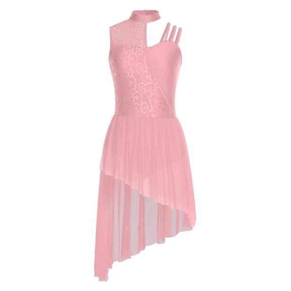 vastwit Women Lyrical Dance Dress Floral Lace Asymmetrical Skirt Leotard Dress Modern Ballet Dancewear Pink L