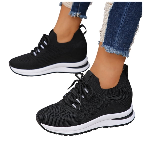 Rokment Womens Walking Non Slip Work Shoes with Hidden Wedges Breathable Mesh Lace up Platform Chunky High Heels Slip on Nurses Nursing Tennis Fashion Sneakers Black Size 6.5