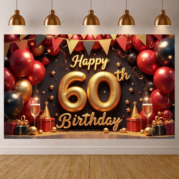 Glitter Gold Happy 60th Birthday Banner Red & Gold Palette 60th Celebration Banner Star Embellishments Gift Box Accents Birthday Celebration Display for Adult 60th Birthday Home Party Gatherings