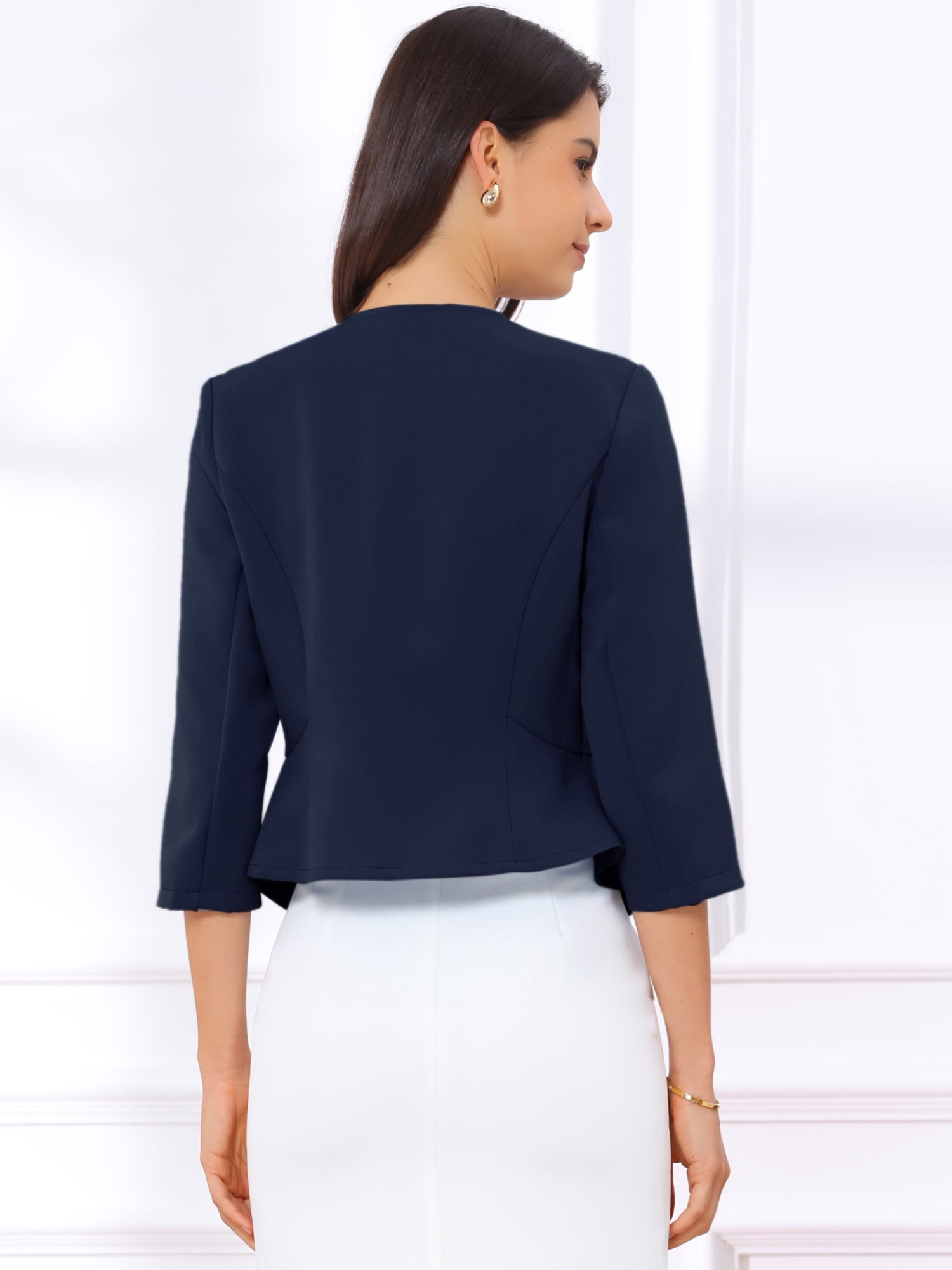 DARING DIVA Women's Open Front 3/4 Sleeve Peplum Business Blazer S Dark Blue