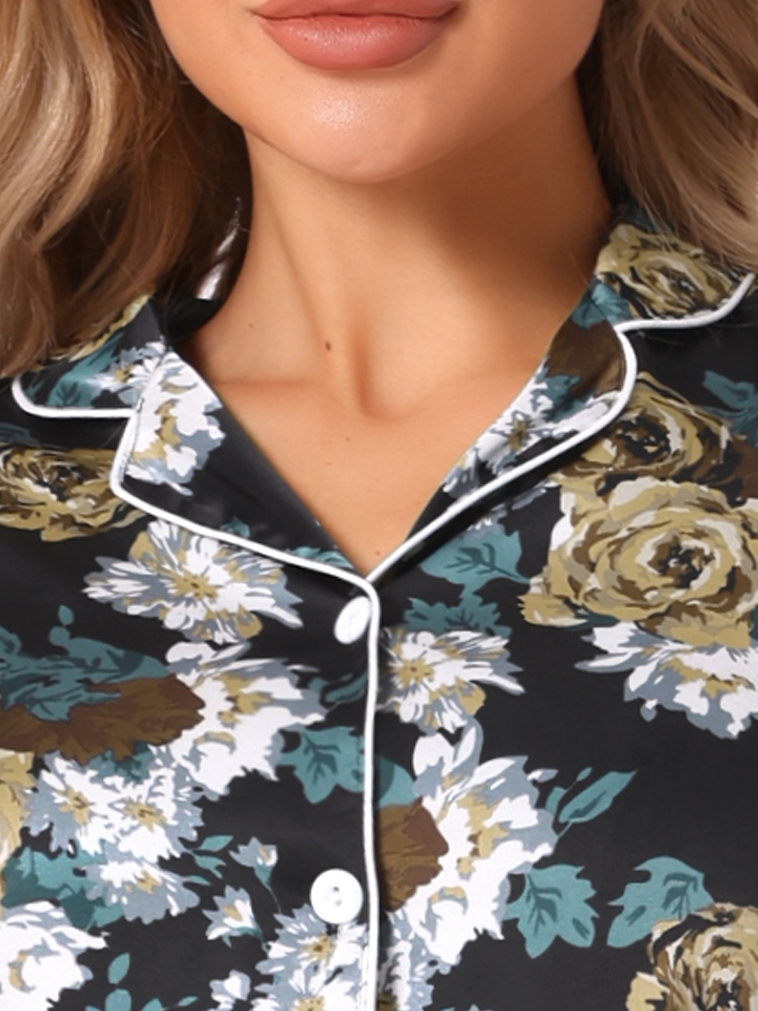 DARING DIVA Women's Hawaiian Shirt with Shorts Pajamas Set L Black Flowers