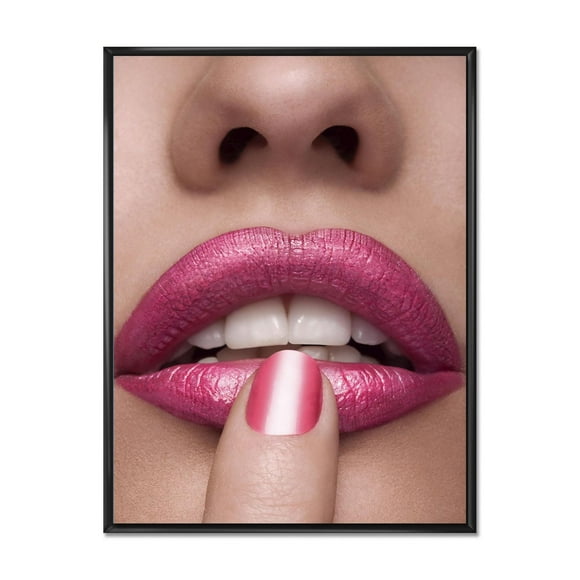 Designart Pink Woman Lips With Finger On Mouth FLOAT FRAME WALL ART
