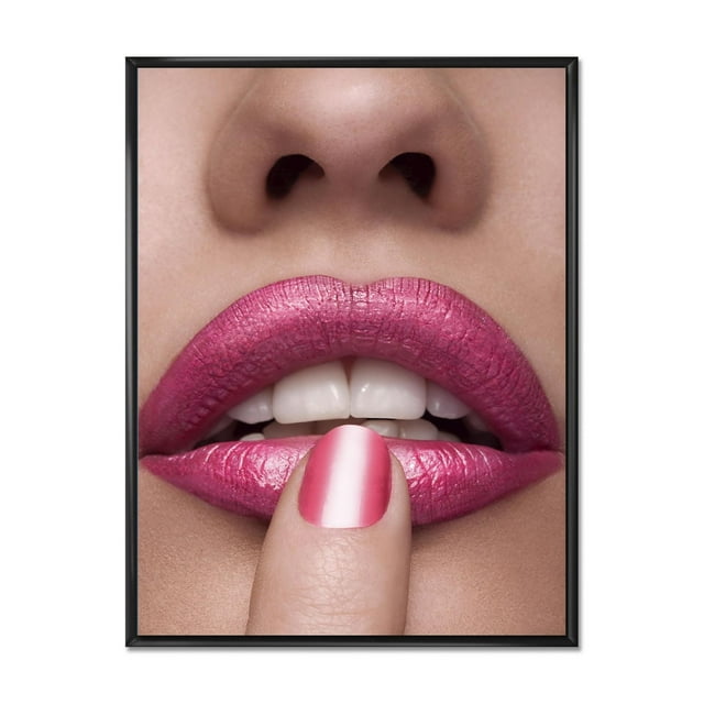 Designart Pink Woman Lips With Finger On Mouth FLOAT FRAME WALL ART