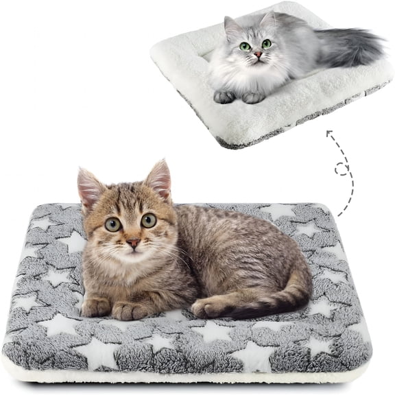 XIBUFE Cat Bed Dog Crate Pad Ultra Soft Pet Bed with Star Print Washable Crate Mat for Small Dogs and Indoor Cats Reversible Fleece Dog Kennel Pad Cat Carrier Mat 14 x 17.5 inch Grey