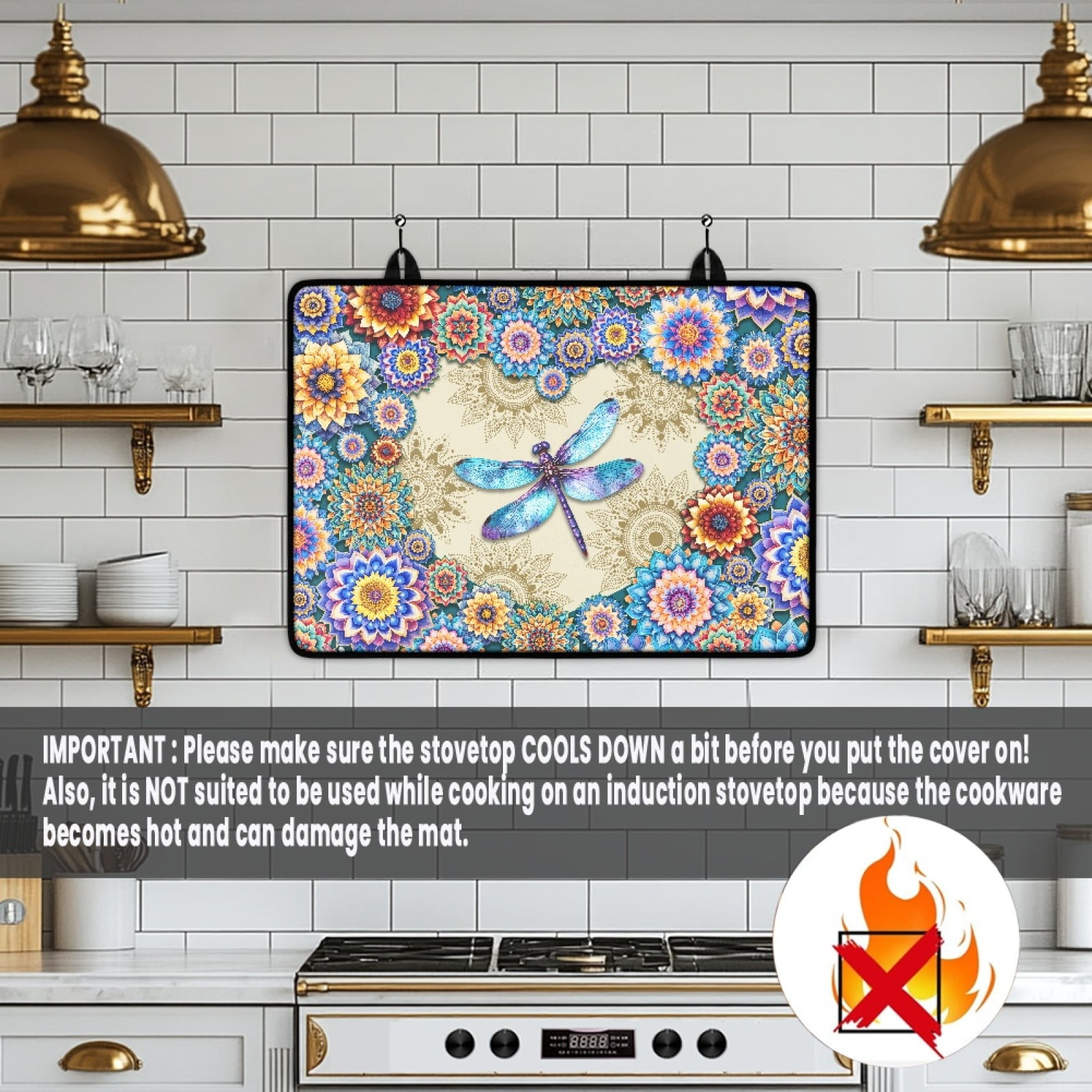 Renewold Stove Top Cover for Electric Stove, Stove Mat for Glass Stove Top, Heat Resistant Oil Resistant Cooktop Protector Cover for Kitchen Decor, Dragonfly Bohemian Flower