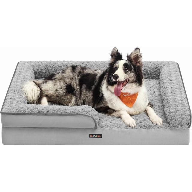 FEANDREA ama para Perros, Cama para Mascotas, 106 x 81 x 18 cm, Ortopédica con Espuma Corrugada, Funda Extraíble con Motivo Rosa de Peluche, Bordes Elevados Acolchados, Gris Paloma