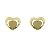 18K Solid Yellow Gold Satin center open Heart Covered Screw Back Earrings