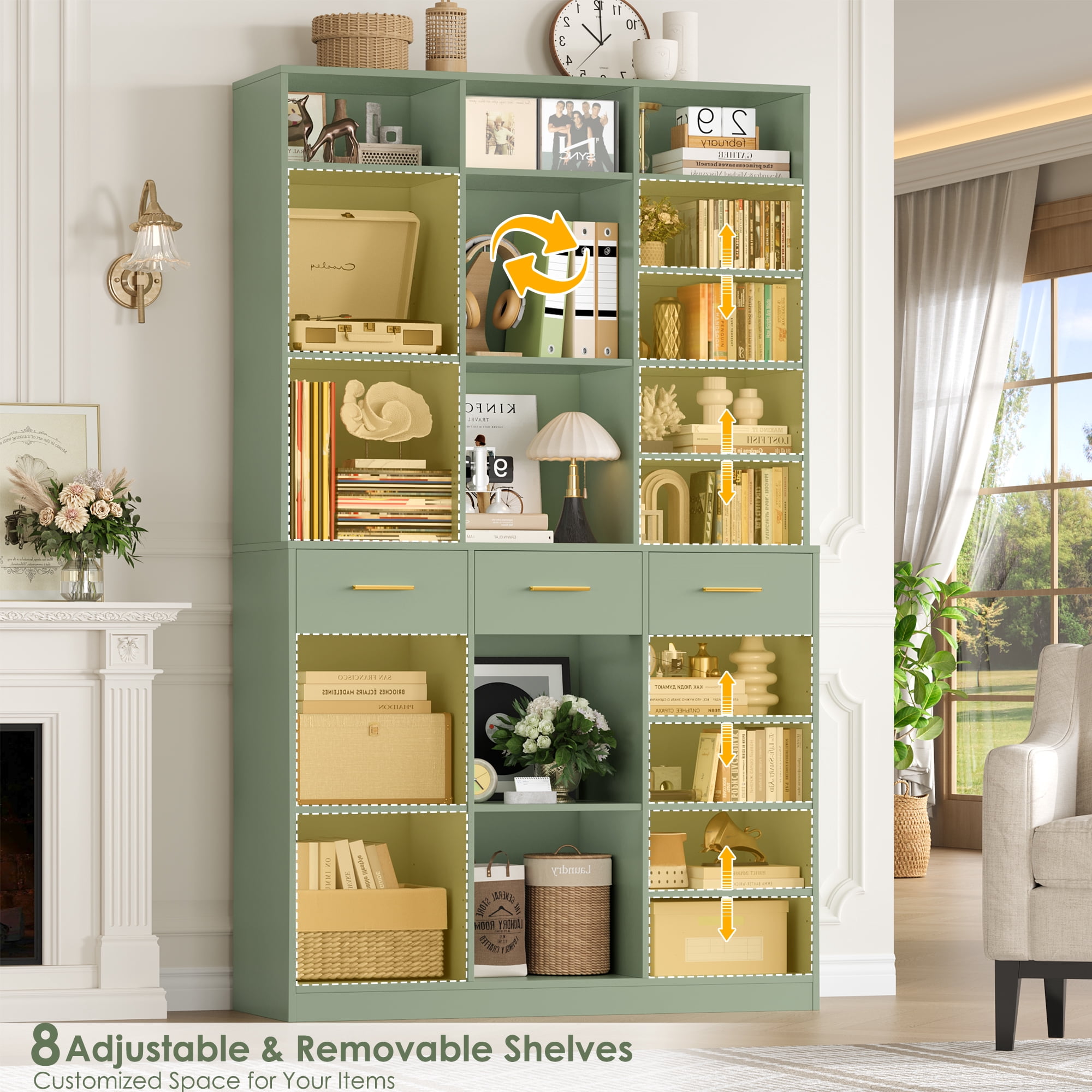Homfa 75'' Tall Bookcase with Adjustable Shelves, 3 Drawers Display Bookshelf For Living Room, Home Office, Green