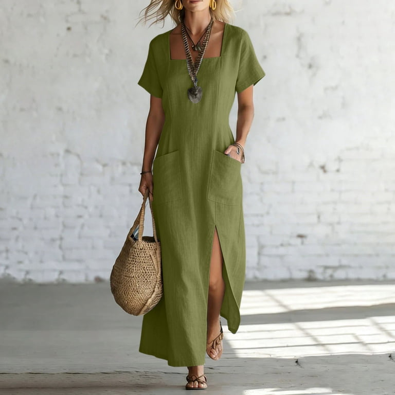 HOMBOM Womens Casual Dresses with Pockets Shift Maxi Everyday Side Slit Square Neckline Long A-Line Dress for Ladies Cotton Linen