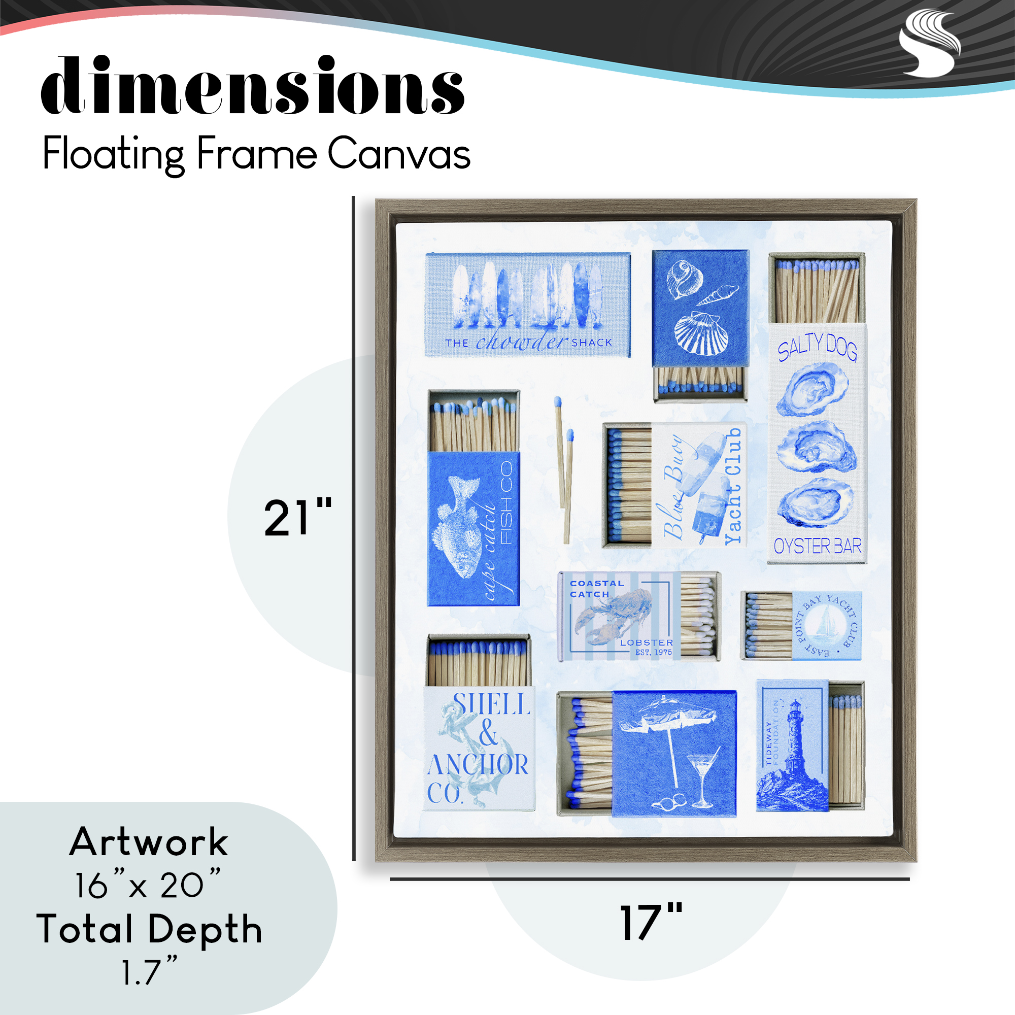 Blue Coastal Matchboxes Brown Framed Floater Canvas Wall Art, design by Ziwei Li