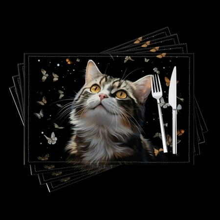 

Bahomeck Placemats Set Of 4 Rectangle Linen Cotton Placemats For Dining Table Fade Resistance Washable Heat Resistant，18*12Inch Beautiful Cat With Long White And Black Fur
