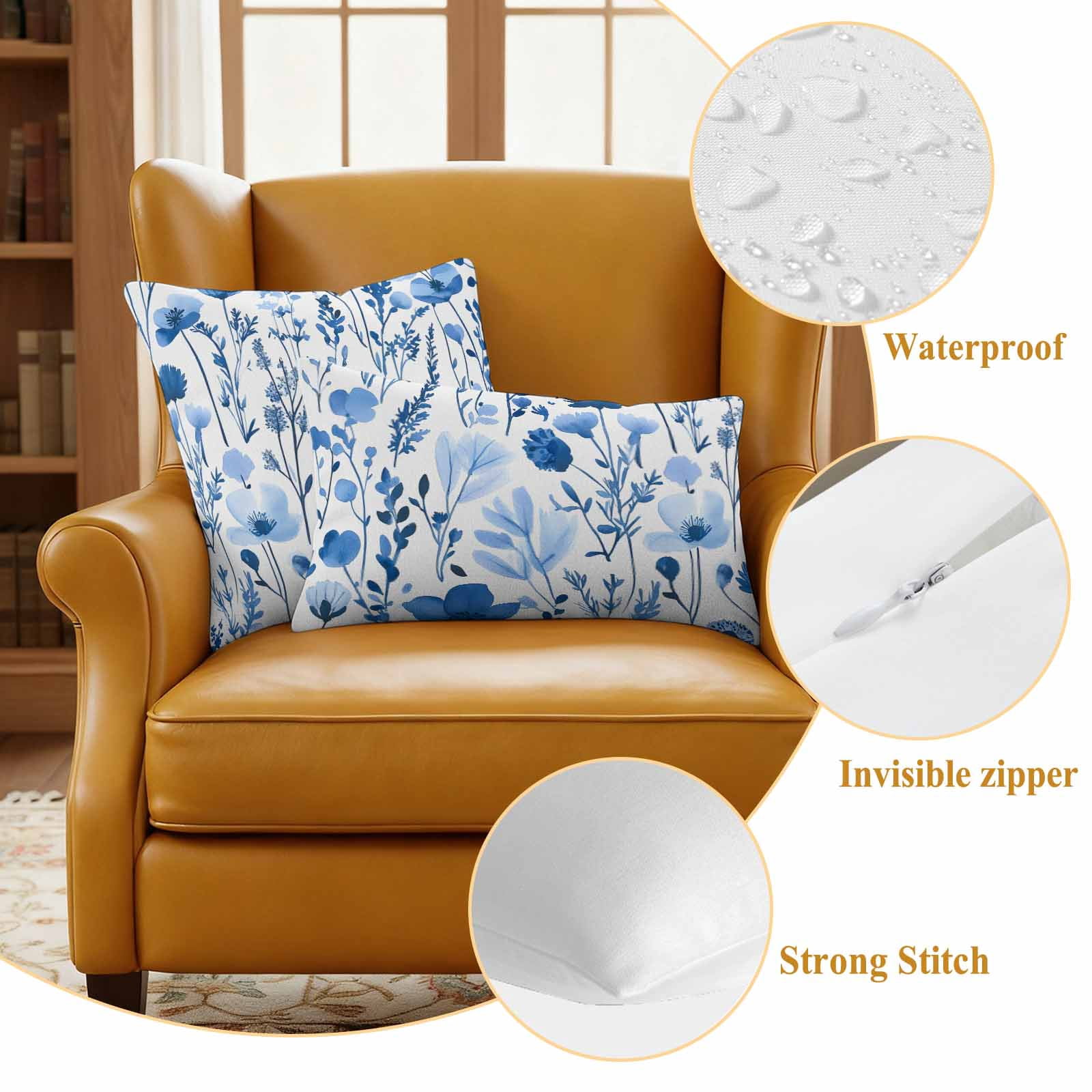 Spring Watercolor Pillow Covers 2 Pack Blue Flower Leaves Floral Pillowcase Waterproof Outdoor Throw Pillow Cover for Patio Garden Square Cushion 20”x20”