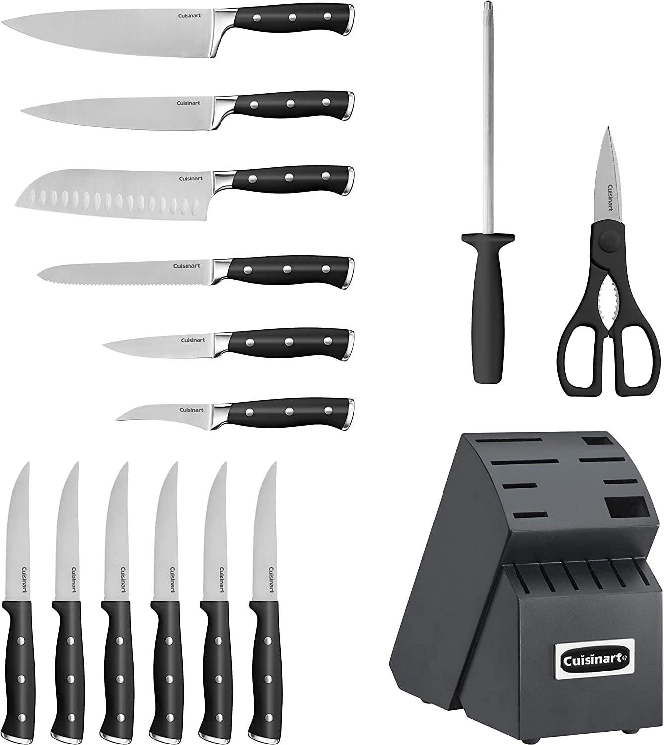 Cuisinart 15-Piece Knife Set with Block, High Carbon Stainless Steel, Forged Triple Rivet, Black/Black C77BTR-15PBK