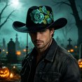 thumbnail image 4 of EOYWHK Men Western Rose Embroidered Cowboy Hat Wide Brim Felt Cowgirl Hat with Adjustable Chin Strap for Western Party Costume, Blue, 4 of 5