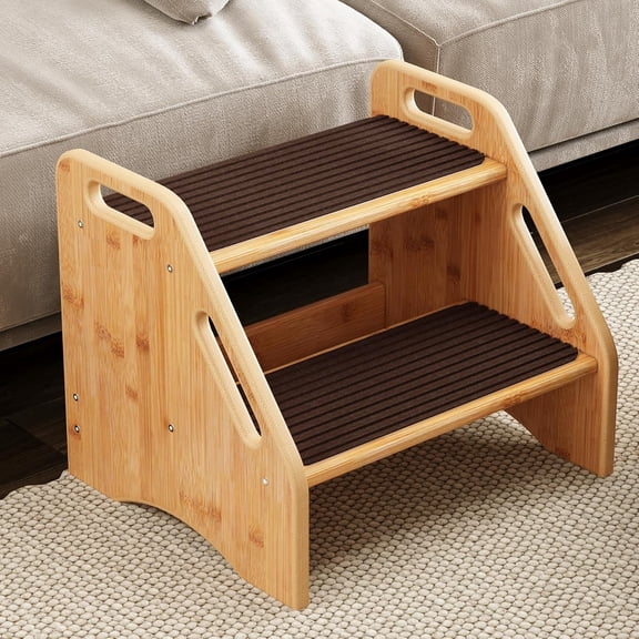 Wooden Step Stool with Washable and Removable Mats,Step Stools 300 lbs Capacity with Non-Slip Pads and Handles, Kid Step Stool for Kitchen, Bathroom, Bedroom (Natural with Brown Mats)