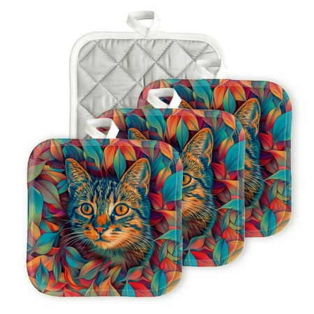 

BaHomeck Pot Holders 4pcs dacron Made Square heat-resisting mat Machine Washable for Kitchen Oven Hot Pads 6.7inch*6.7inch Cat Peeking Out From Colorful Leaves