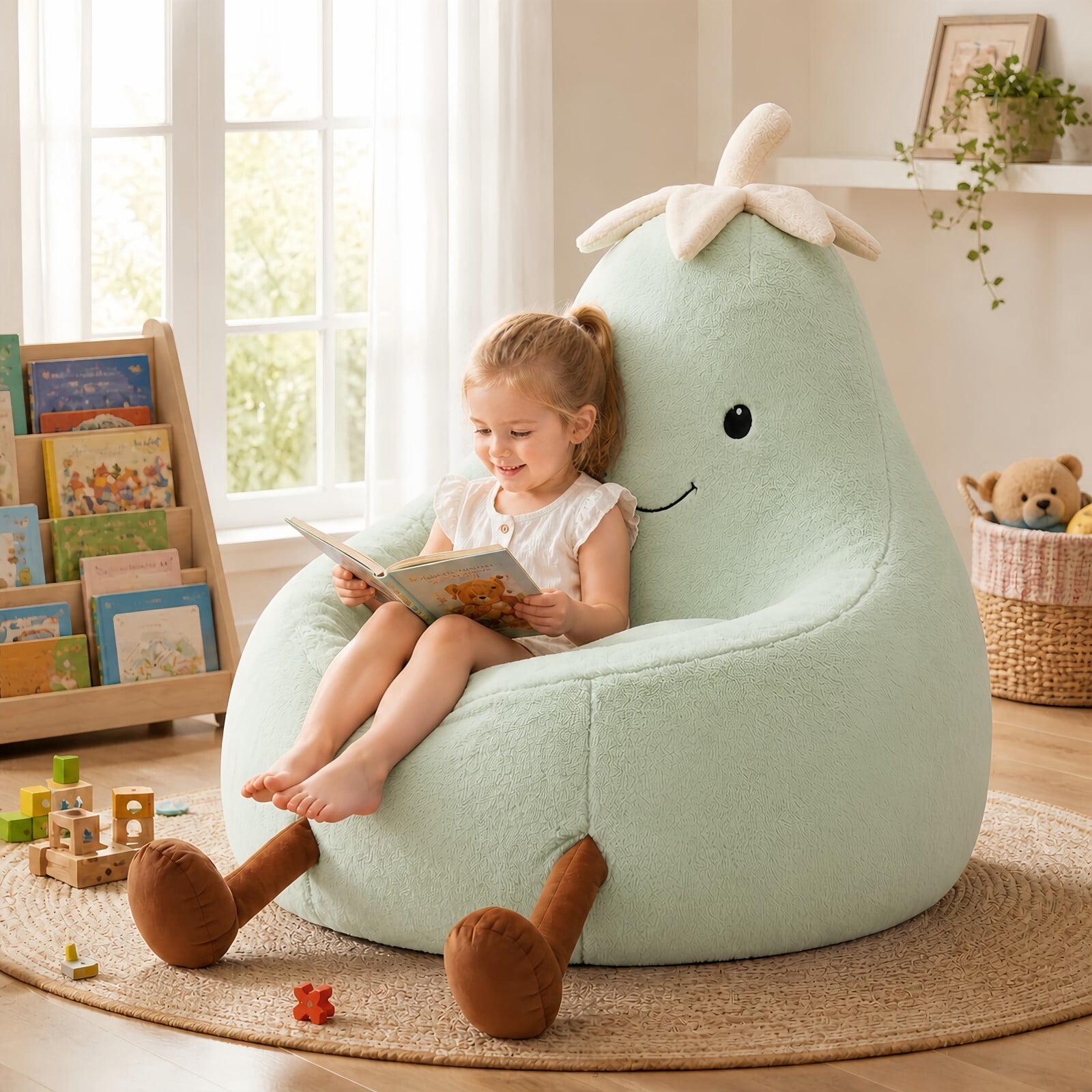 Kelno 24" Kids Bean Bag Chair Faux Rabbit Fur Lazy Chair Toddler Couch, Green