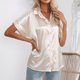 thumbnail image 2 of Blusa de seda satinada para mujer, camisa informal con botones de un solo pecho, manga corta, cuello vuelto, color champán XXL, 2 of 5