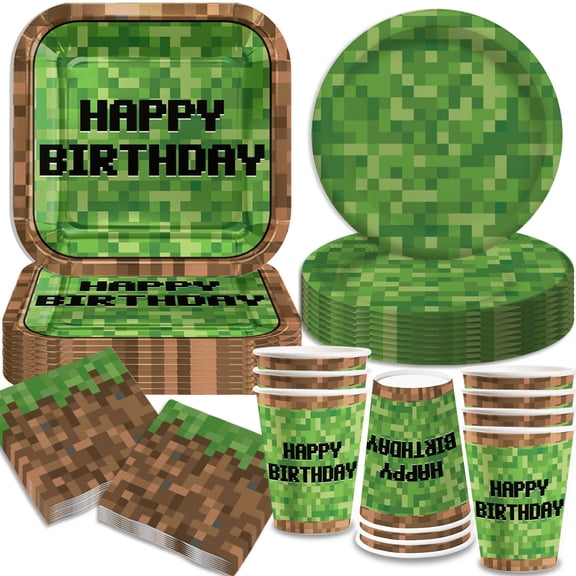 50Pcs Green Pixel Adventure Birthday Party Decorations Green Plates Napkins Party Supplies Disposable Paper Cups Tableware Set for Boys Kid Teen Birthday Decor Serves 10