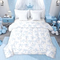 jejeloiu Ribbon Bowtie Print 7-Piece Twin Bedding Sets,Blue Bowknot Pattern Bedding Comforter Set For Kids Reversible