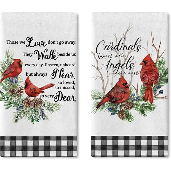 Winter Cardinal Appear When Angels are Near Kitchen Dish Towels Set of 2, Christmas Memorial Drying Hand Towel Baking Cooking Cloth, Buffalo Plaid Bathroom Home Decoration 16 x 24 Inches