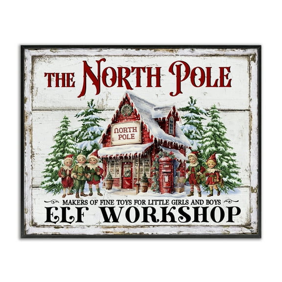 Stupell Industries North Pole Workshop Holiday Painting Black Framed Art Prints Wall Art, 14 x 11