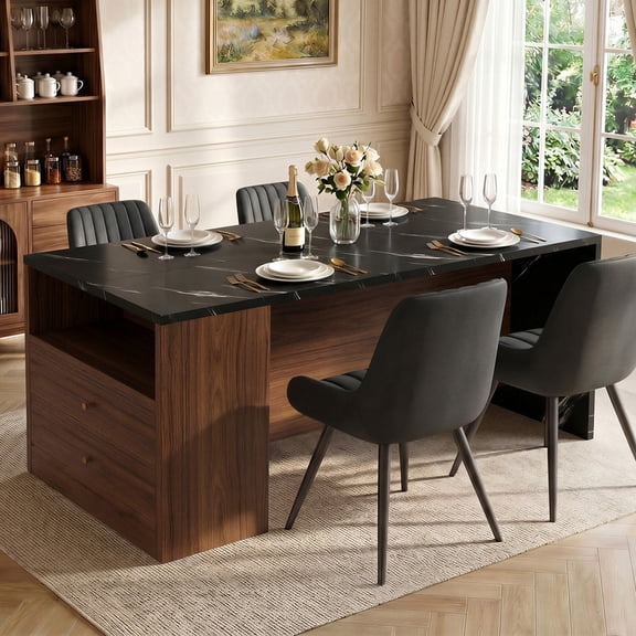 Hawsaiy 5-Piece Dining Table Set for 4, 63" Dining Room Table with 4 Upholstered Dining Chairs, Modern Kitchen Table Set with 2 Storage Drawers for Apartment