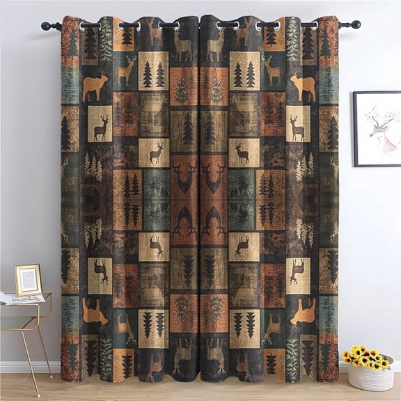 Lodge Cabin Blackout Curtains Set, Rustic Deer And Forest Patterned Curtains For Bedroom, Living Room Decor, Room Darkening Thermal Insulated Grommet Drapes 42"W x 63"L (Pack of 2)