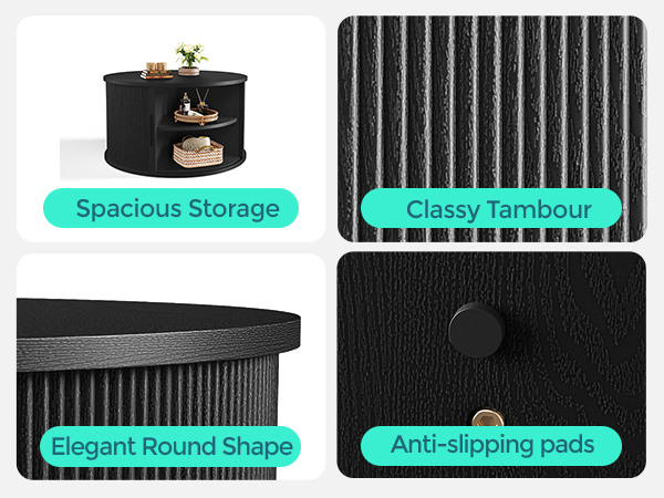 LINSY HOME Fluted Coffee Table Round with Large Storage, Mid-Century Coffee Table for Living Room with Sliding Tambour Door, Black
