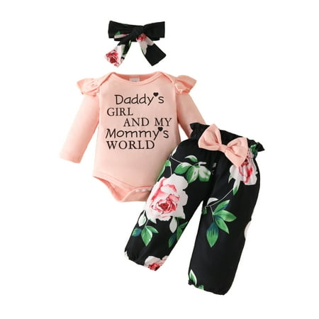 

TFFR Newborn Baby Girls Fall Set Letters Print Long Sleeve Romper with Flower Print Pants Headband