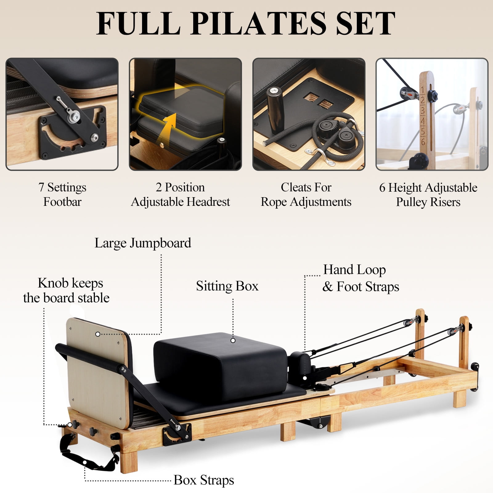 Syedee Pilates Reformer Machine, Wood Pilates Machine Bed Yoga Exercise Strength Training Equipment for Home Workout
