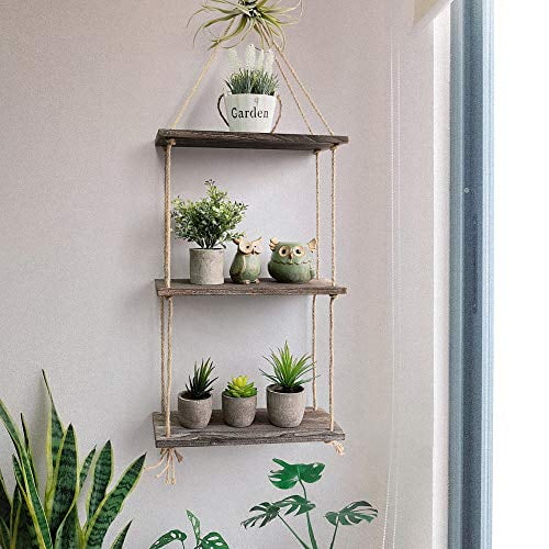 Rustic Hanging Jute Rope Plants 3 Tier Floating Wood Wall Shelves /& Hook Swing Hardware include Latitude 23 Belay Organize and Display Decor Photos