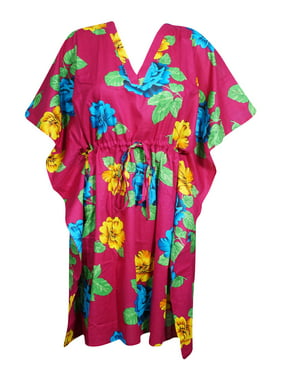 Mogul Women Dark Pink Floral Tunic Dress Cotton Kimono Sleeves Knee Length Comfy Loose Kaftan Beach Cover Up Short Caftan Dresses 2X