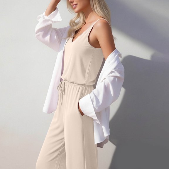 Costeam Womens 2 Piece Spaghetti Strap Matching Outfit V Neck Sleeveless Cami Top Drawstring Elastic High Waist Wide Leg Pants Side Slip Pockets Soft Stretch Knit Loose Casual Loungewear Set