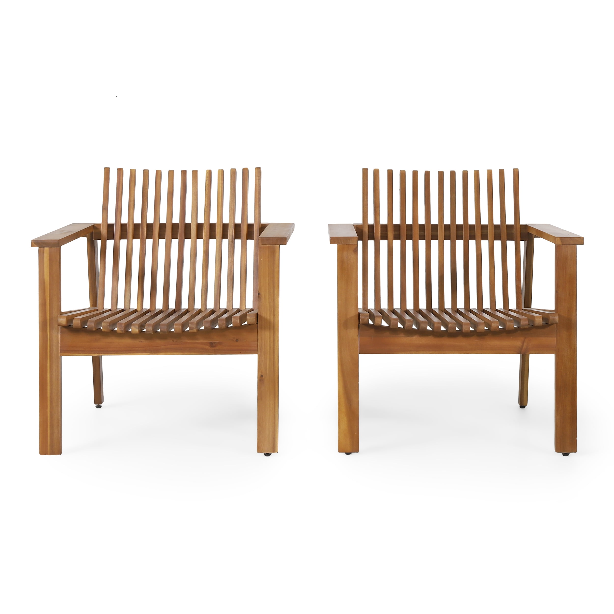 Outdoor Slatted Single Chair Set of 2, Acacia Wood Frame Leisure Seats for Patio Garden, Teak Finish