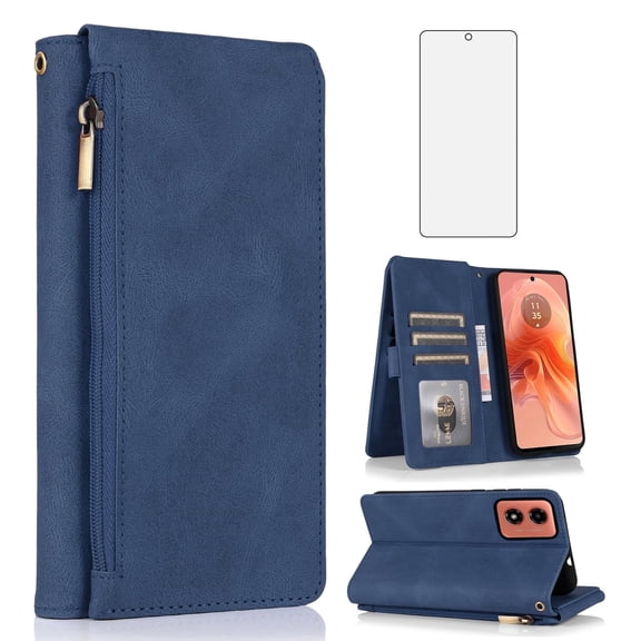 Asuwish Wallet Kickstand Hard Shell Cell Phone Case with Tempered Glass Screen Protector for Motorola Moto G04 / Moto G04s / Moto G24 / Moto E14, Blue